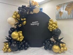 Luxurious black and gold birthday balloon backdrop with star accents by Iconic Events Edmonton. Making Every Event in Edmonton Iconic.