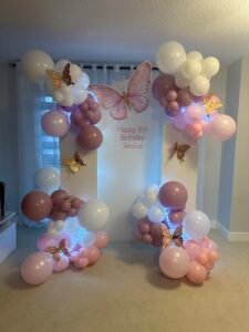 Pink and white butterfly-themed balloon backdrop for Jessica’s 8th birthday by Iconic Events Edmonton. Making Every Event in Edmonton Iconic.
