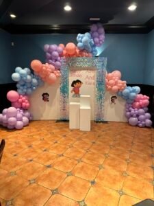 Dora the Explorer birthday balloon setup with pastel arch for Adith and Kiara by Iconic Events Edmonton. Making Every Event in Edmonton Iconic.